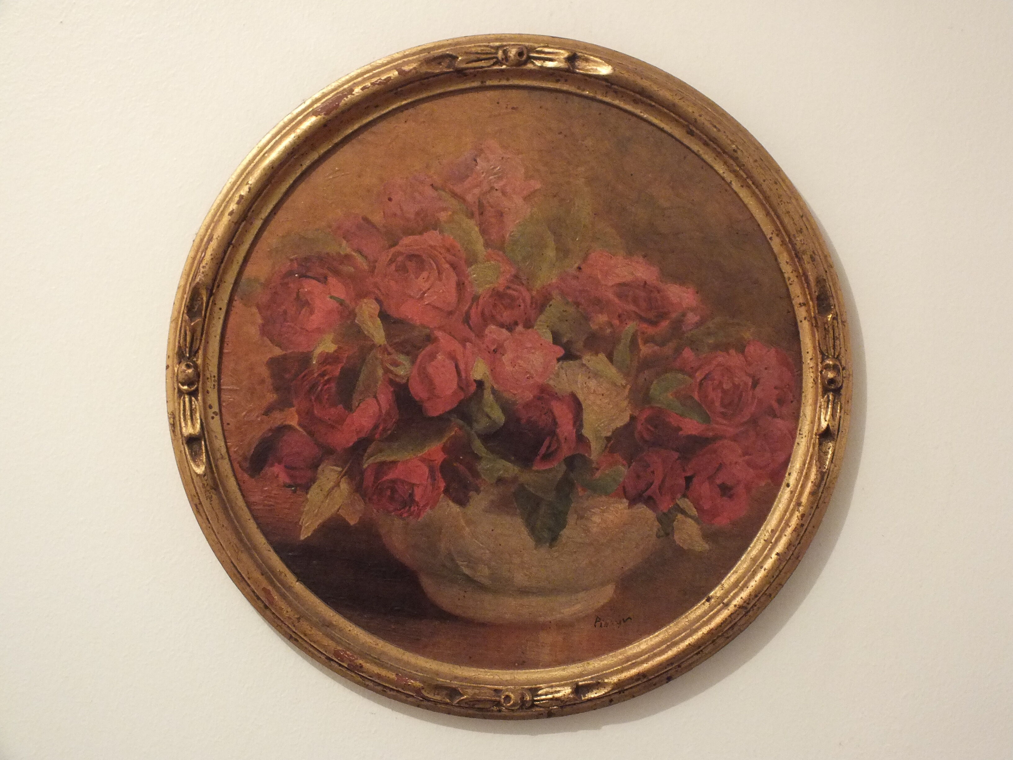 Old small painting framed and signed reproduction with a bouquet of roses