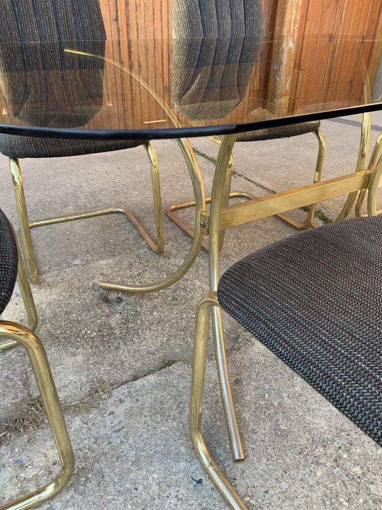 Chaises et table de salle à manger italiennes vintage en laiton, années 1970, lot de 7