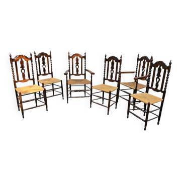 8 chaises de salle à manger en bois tourné et osier