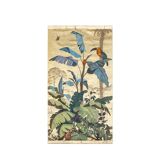 Painted canvas. Toucan on a leafy background. Contemporary work.