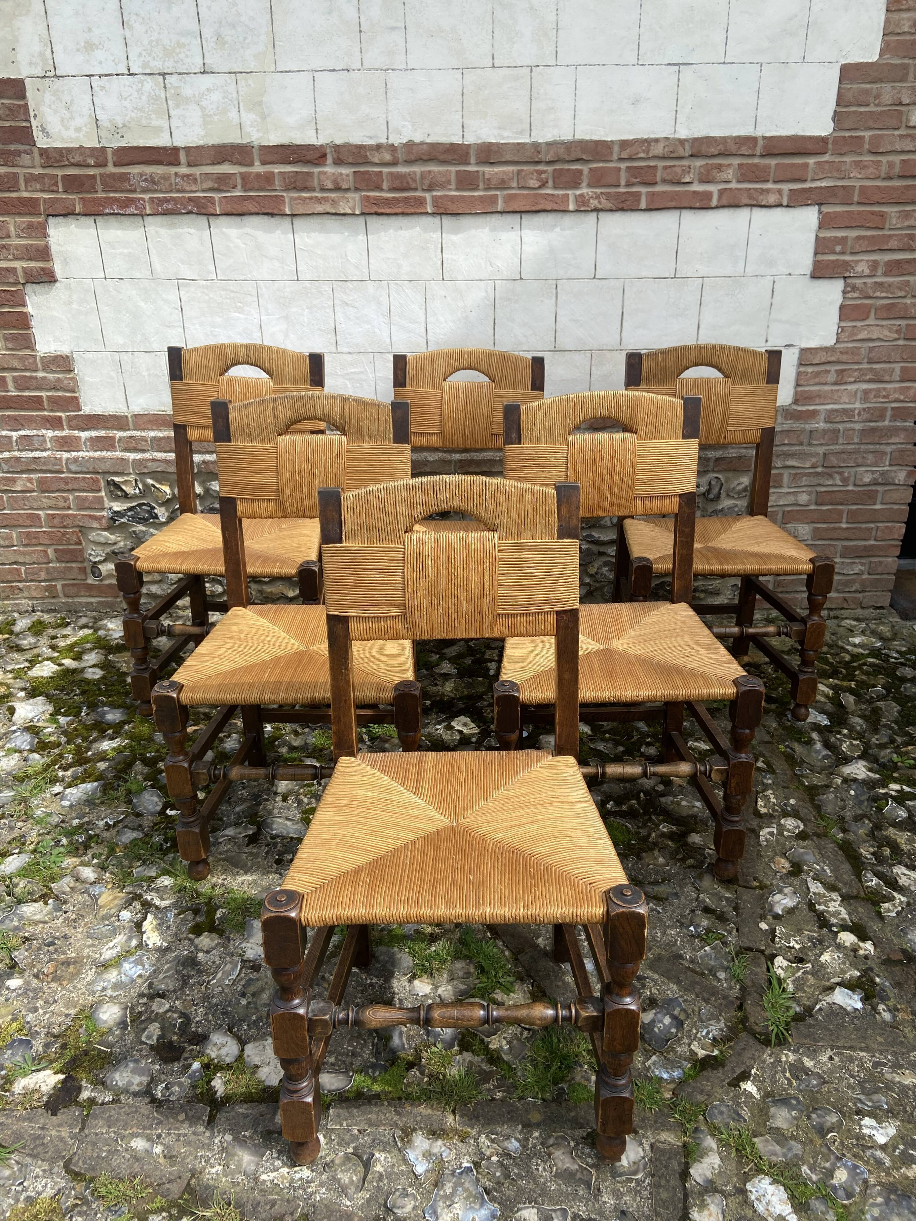 Six brutalist chairs straws and wood 60s