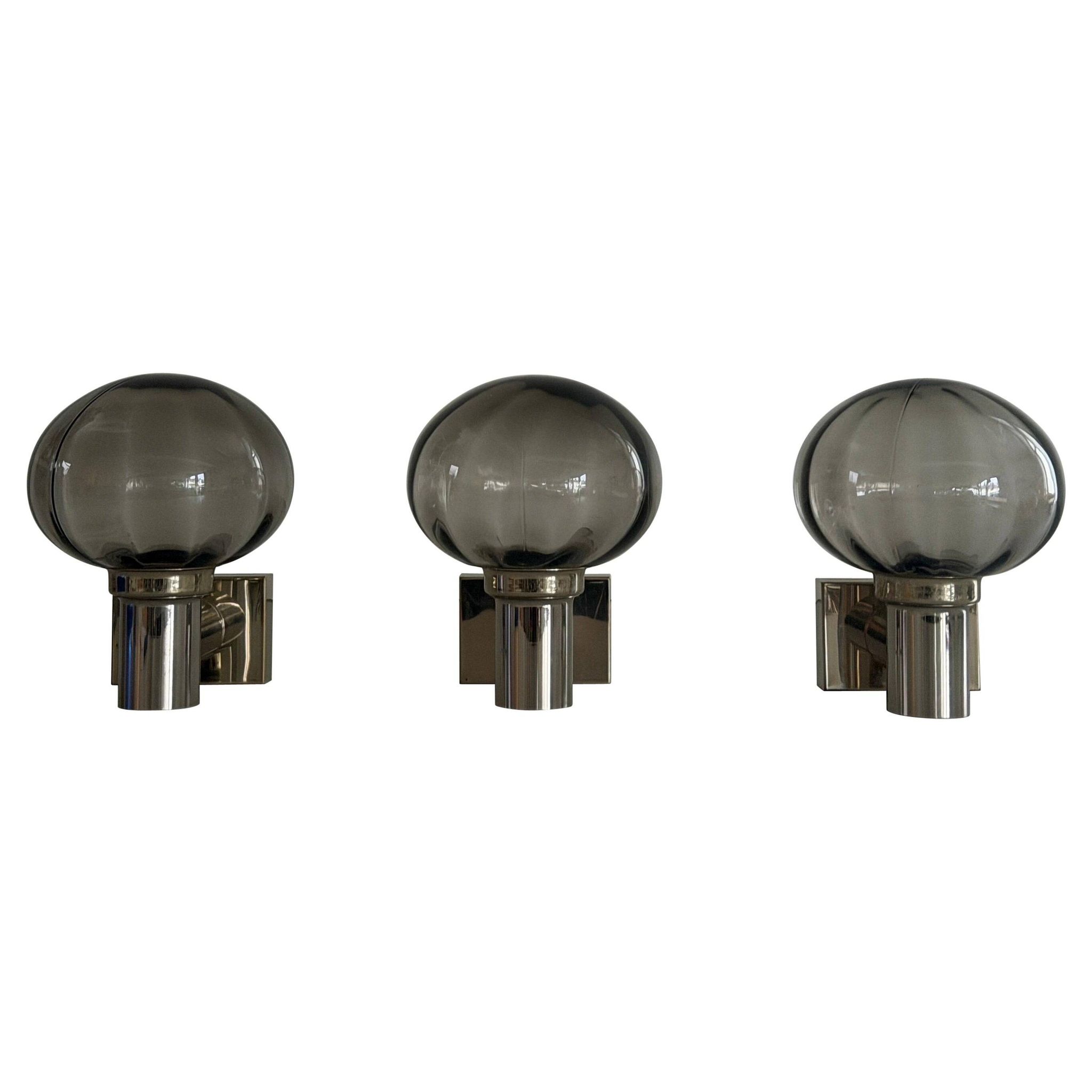 Set of 3 grey glass and chrome wall lights from the mid-century by N Leuchten, 1960s, Germany.