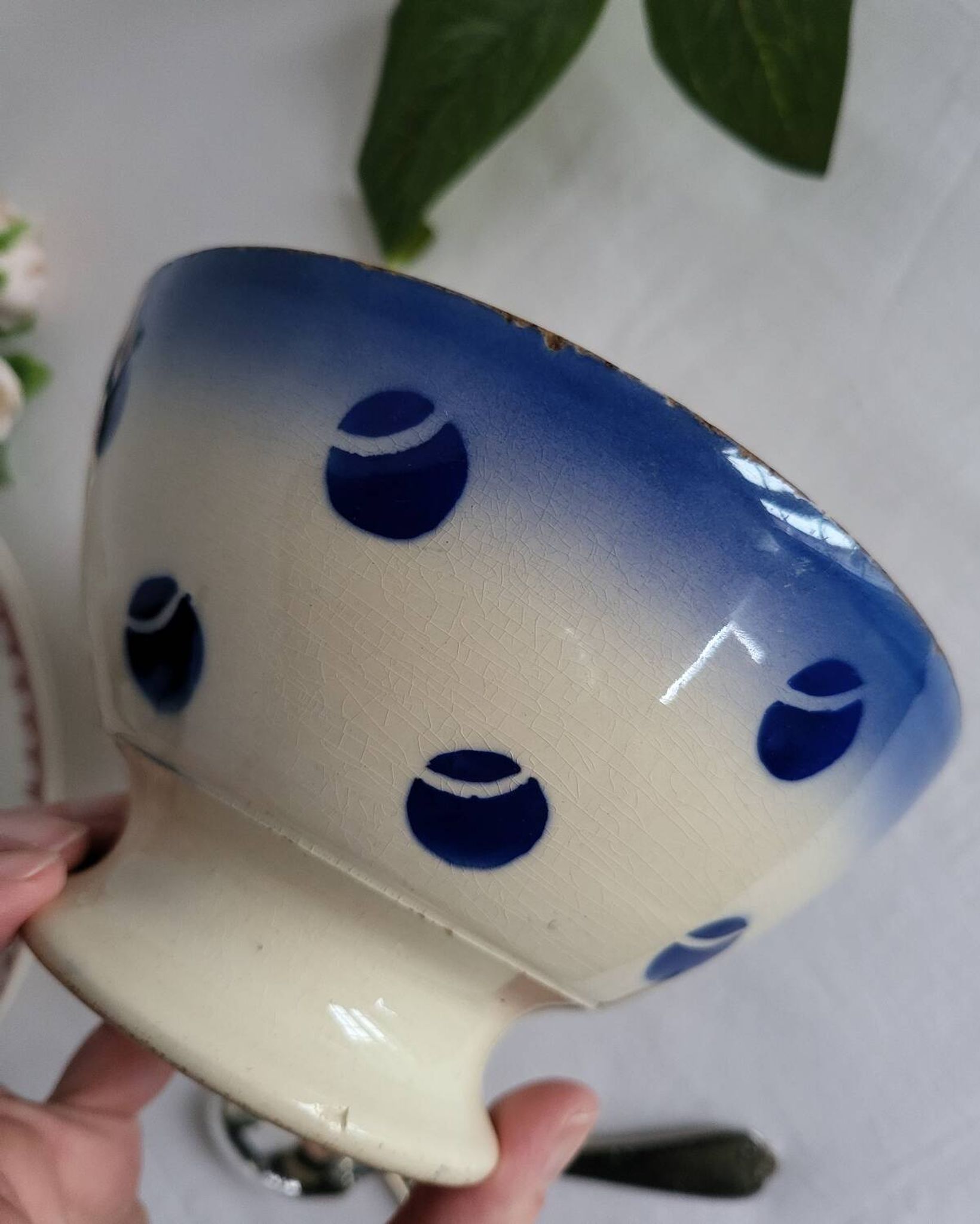Antique Lunéville earthenware bowl KG with blue polka dots