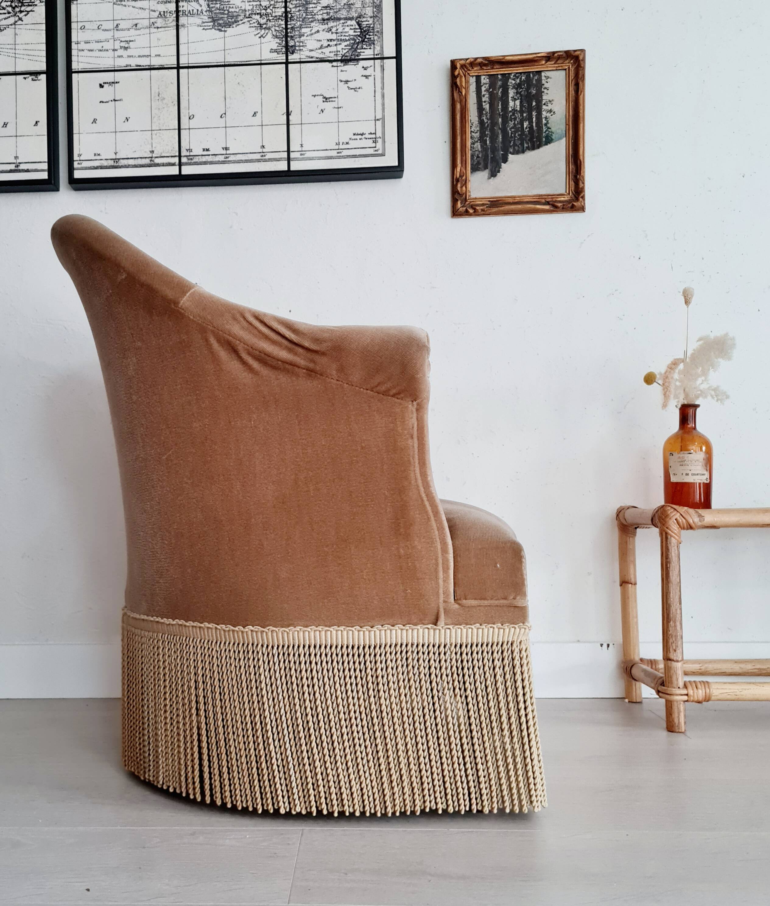 Fauteuil crapaud velours beige doré