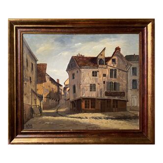 Tableau HSP "Rue Gambay Vieux Troyes" commerce en 1910 HSP signé + cadre