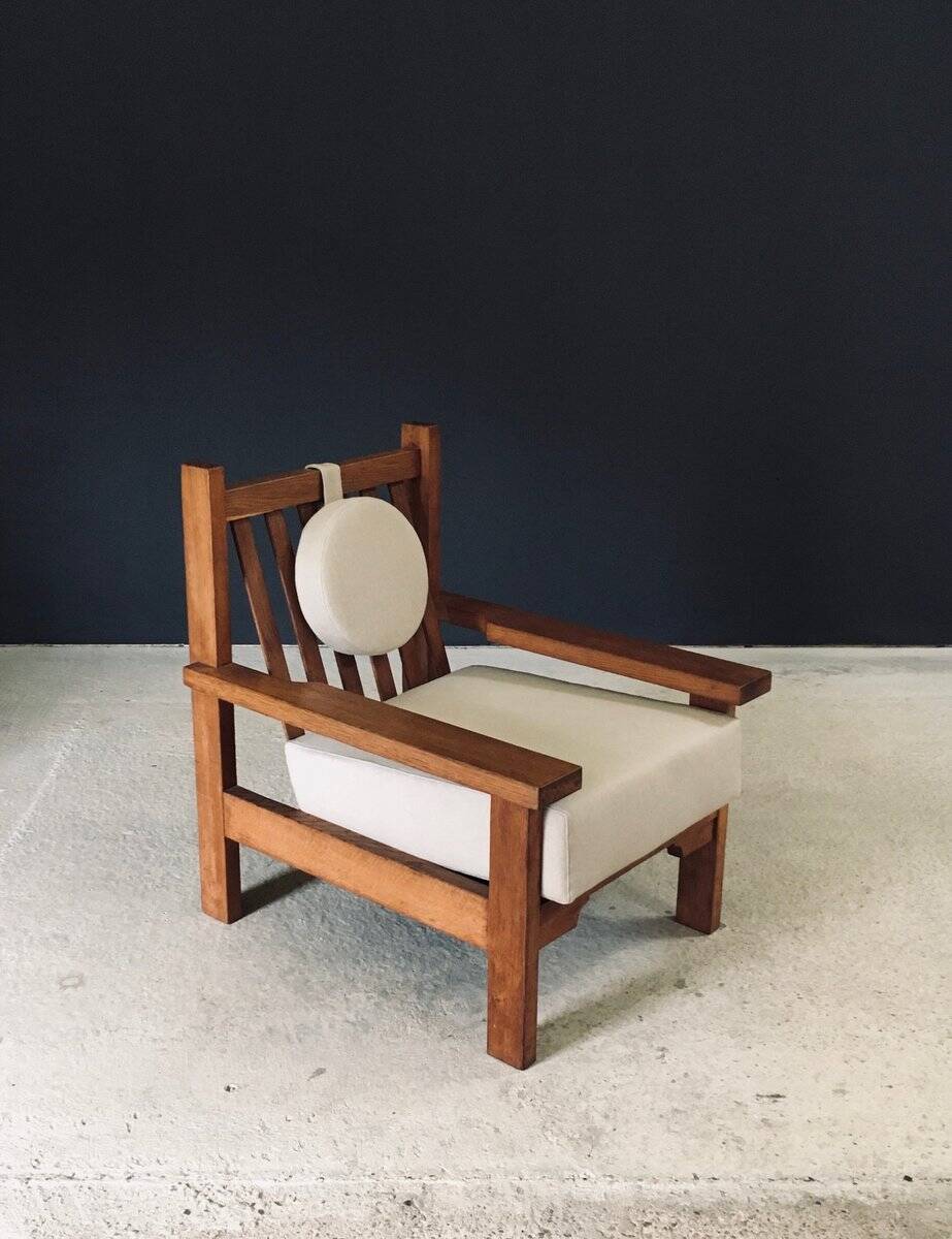 Brutalist Square Oak Lounge Chair, Belgium, 1950s