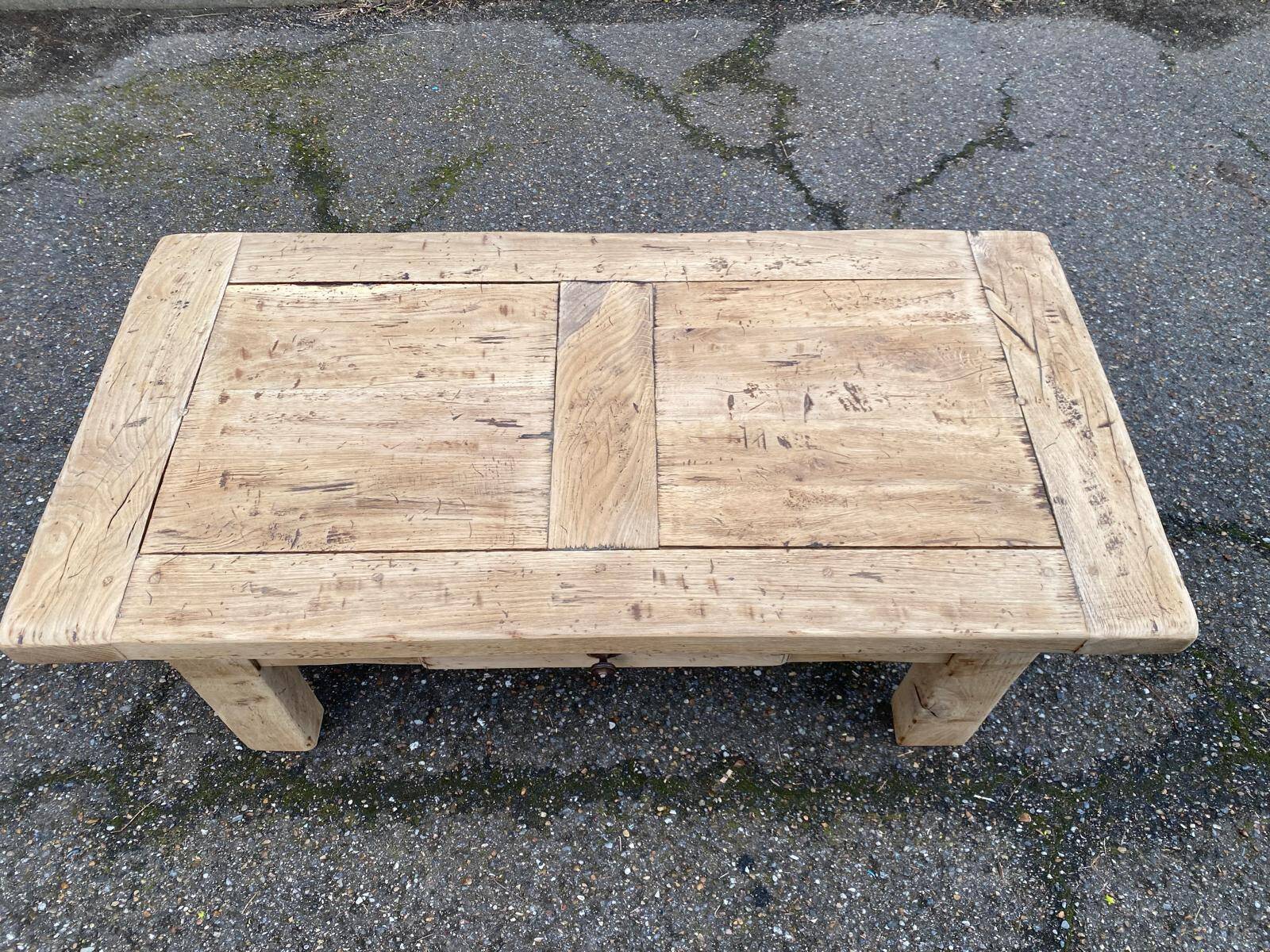Renovated 19th-century solid oak farmhouse coffee table.
