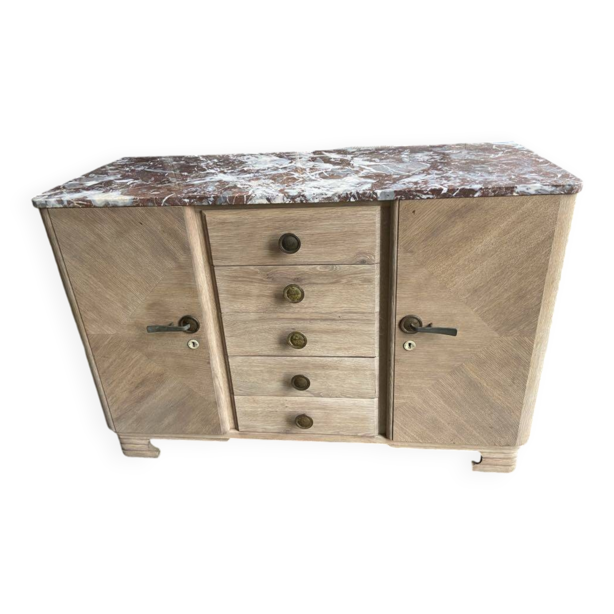 Raw wood chest of drawers with marble top