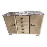 Raw wood chest of drawers with marble top
