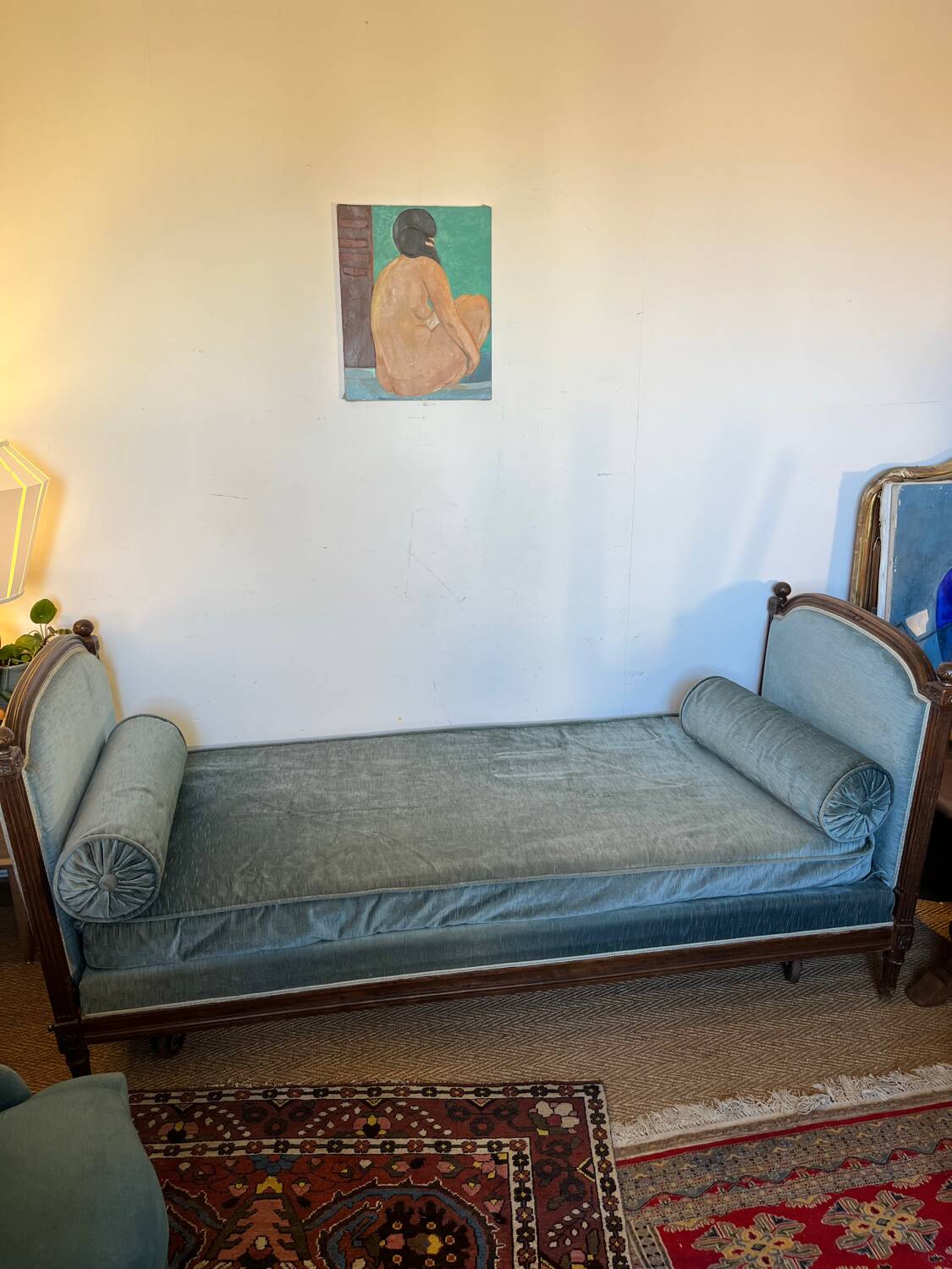 Vintage Louis XVI style blue velvet sofa