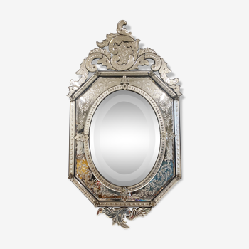 Miroir Venitien du XIXe en verre biseauté et gravé