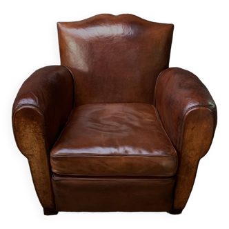 A Gorgeous French, Leather Club Chair, Deep Caramel Moustache Model, Circa 1930's