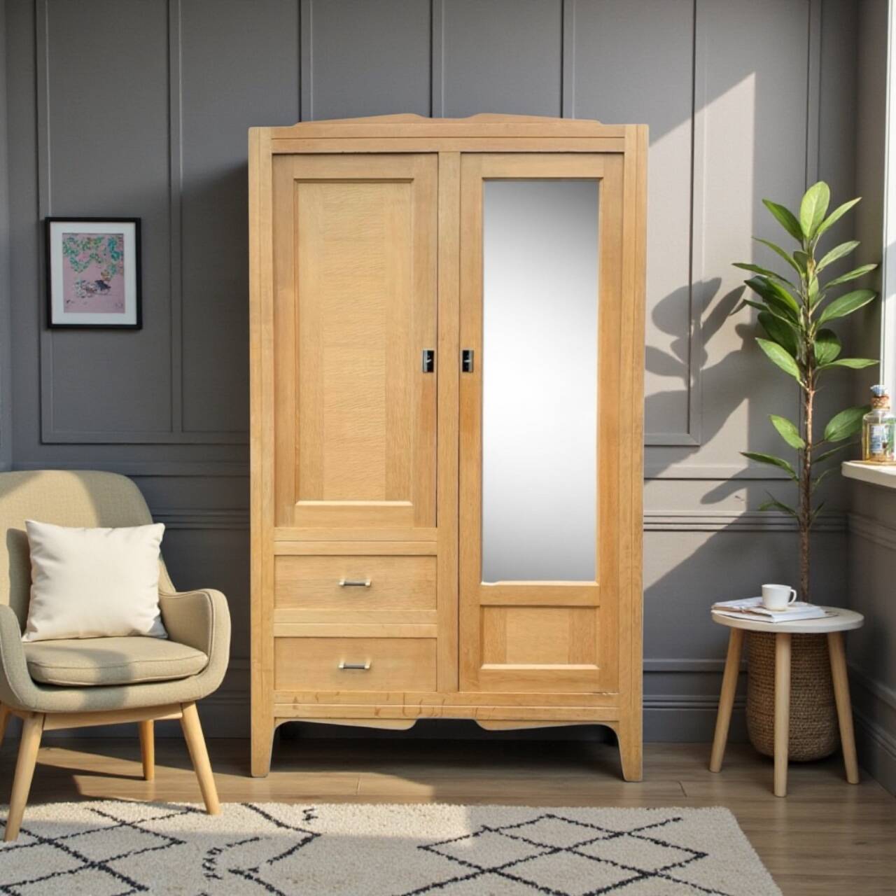Vintage Parisian hotel wardrobe, blonde oak, 1950s.