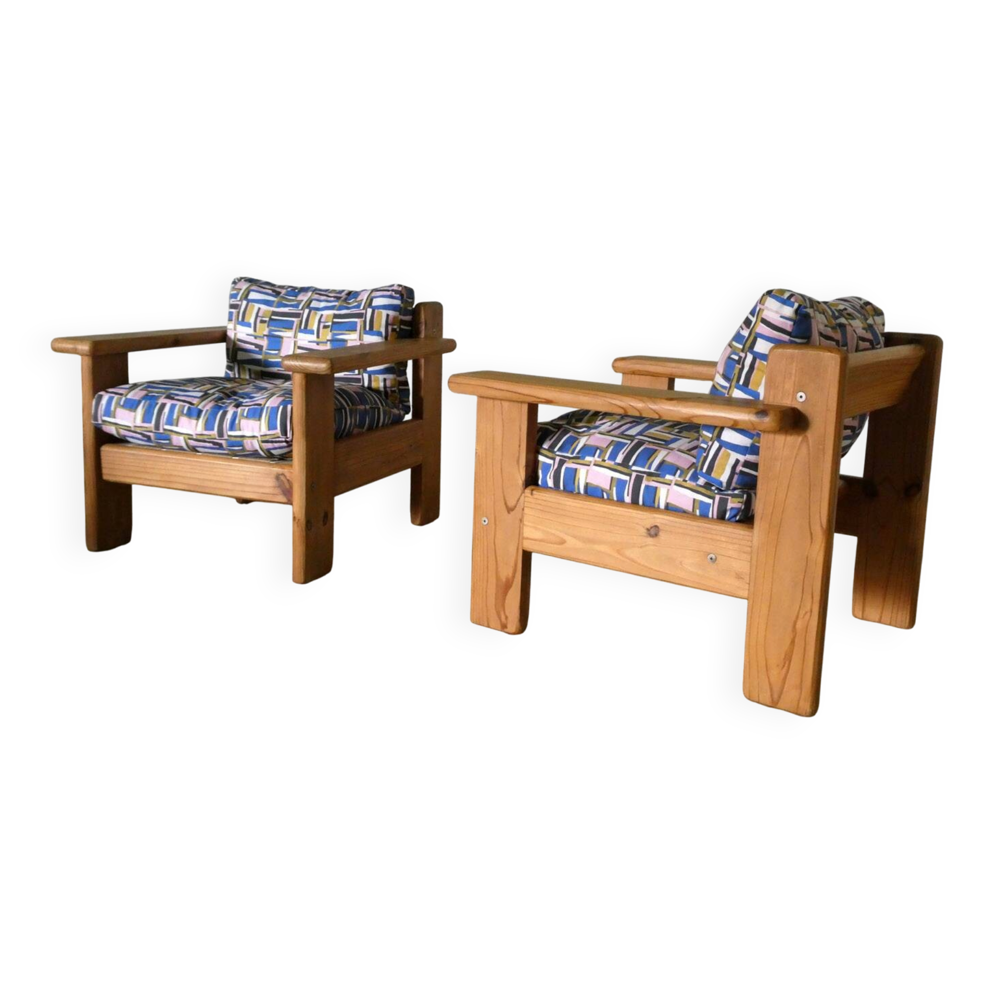 pair of pine armchairs, 1970
