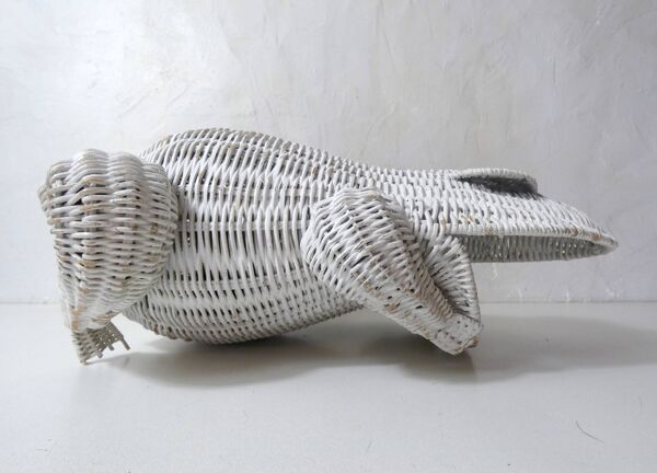 Corbeille à papier grenouille vintage en rotin blanc