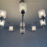 Vintage Italian chandelier from the 60s in chromed metal and glass