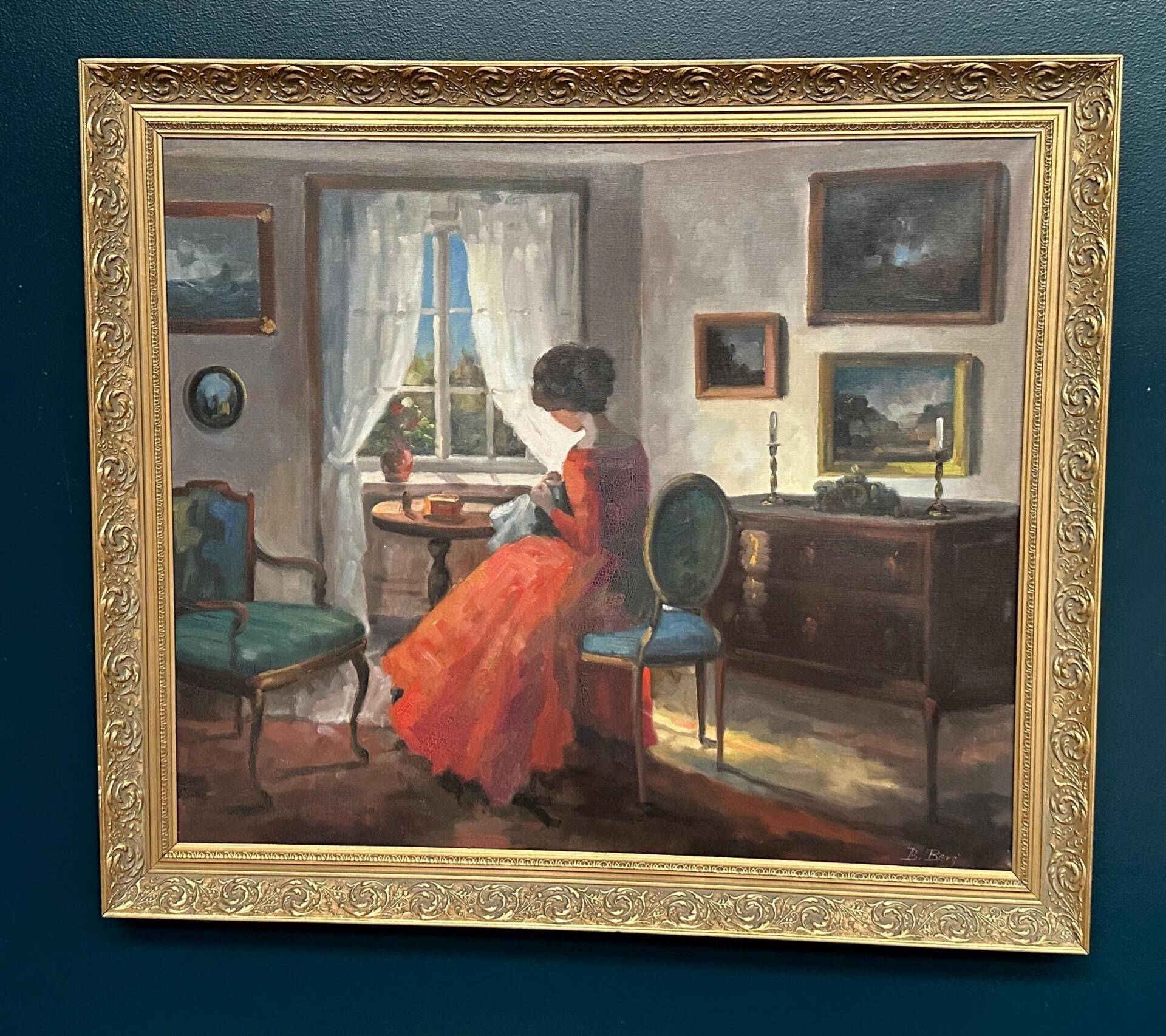 Scandinavian Oil on Canvas – Interior Scene by Bente Berg – Vintage