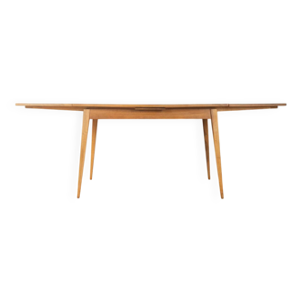 Classic extendable dining table from the 1950s, solid ash wood, new cream white Resopal top