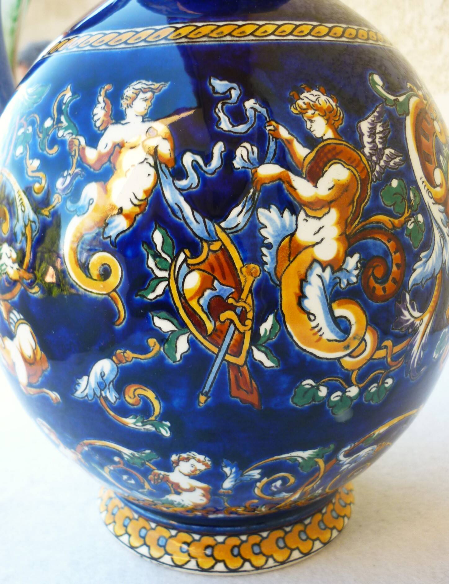 Large pitcher vase, Gien earthenware, Renaissance model, 1940s/50s.