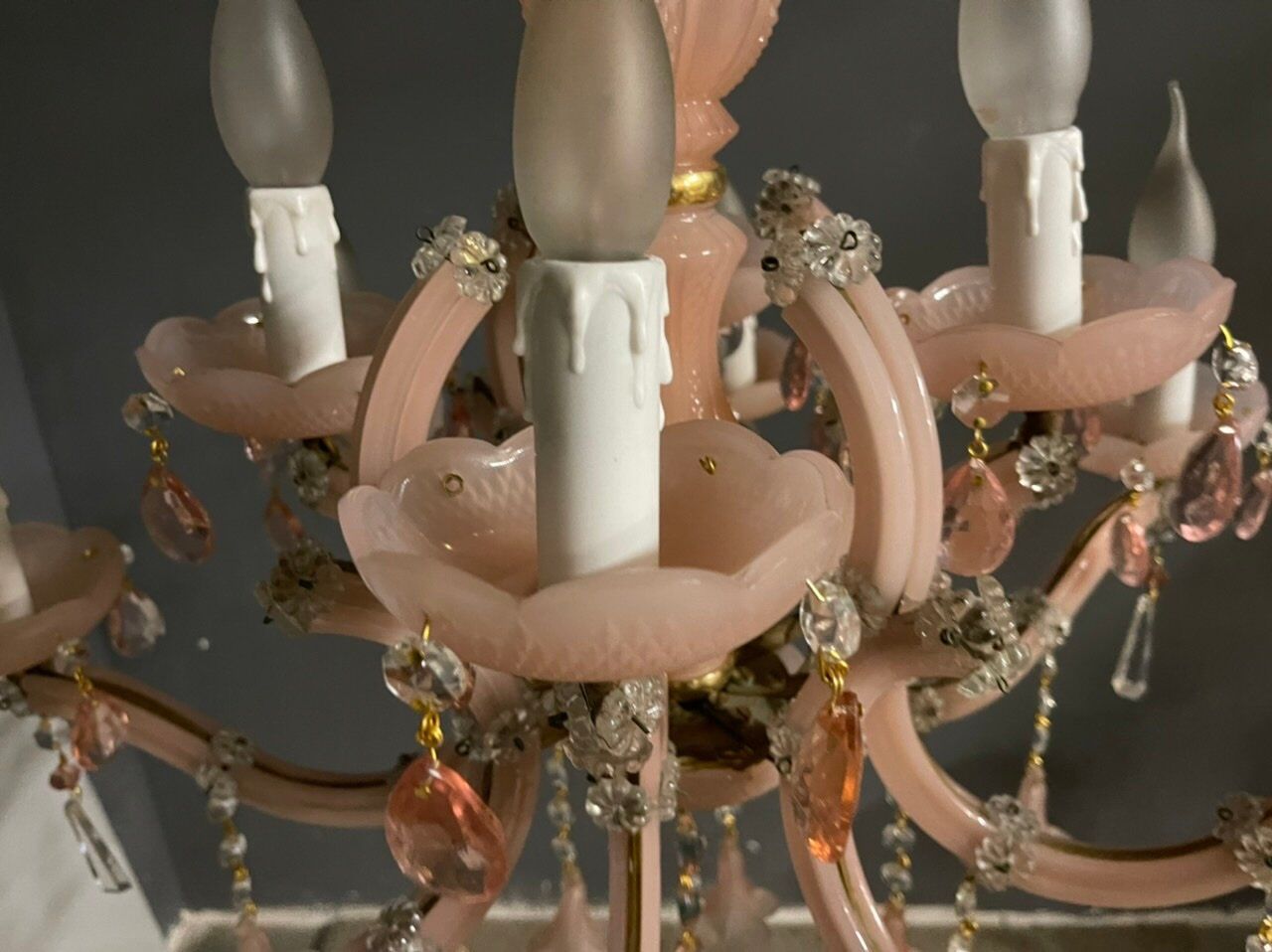 Vintage Italian Pink Opaline Murano Glass Chandelier