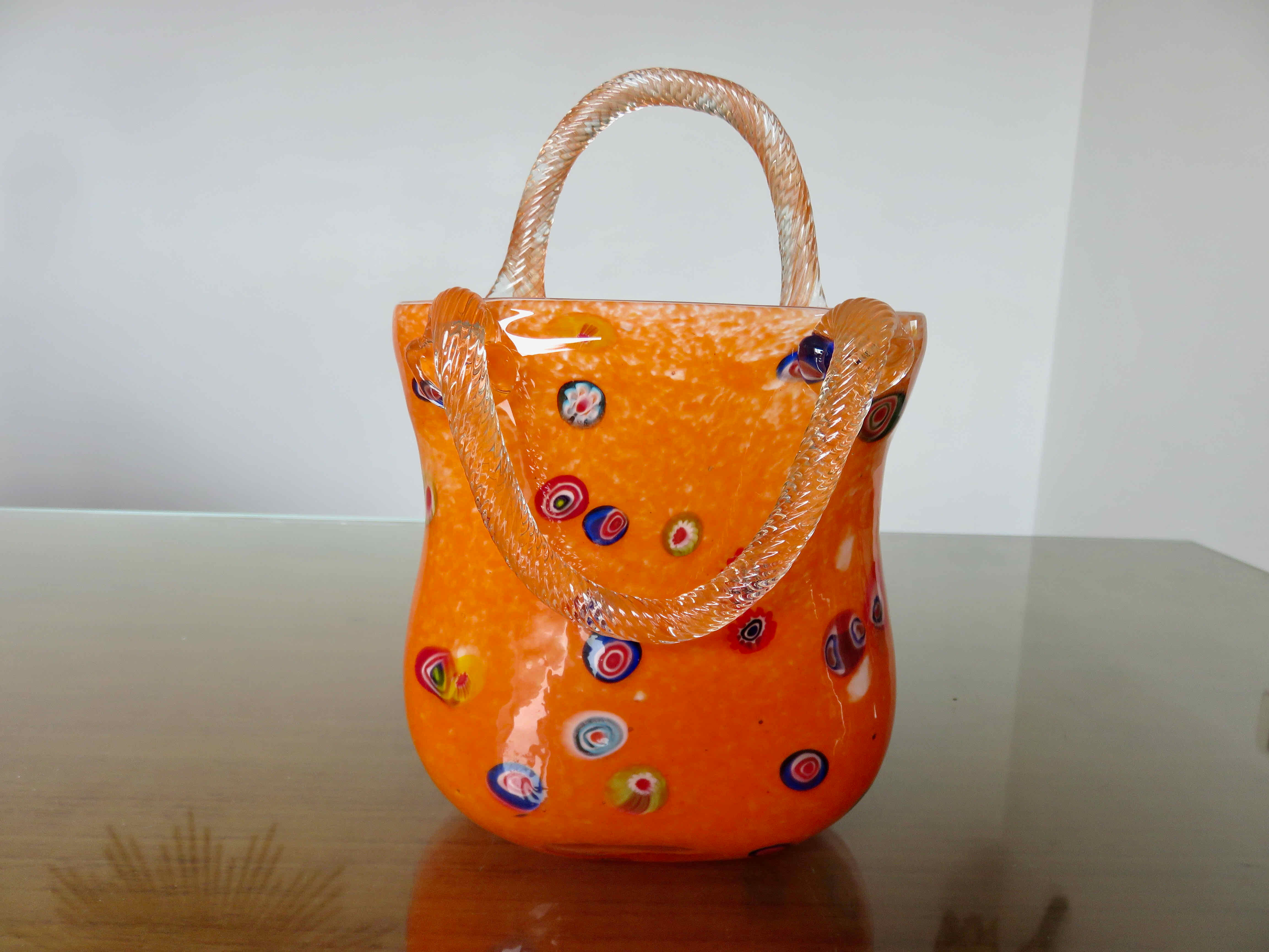 Vase "handbag" in orange Murano glass 60s 70s