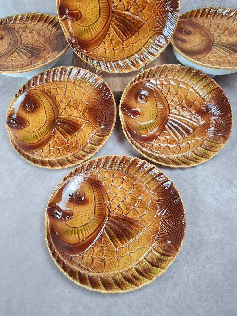 Set of 6 large fish plates Sarreguemines vintage