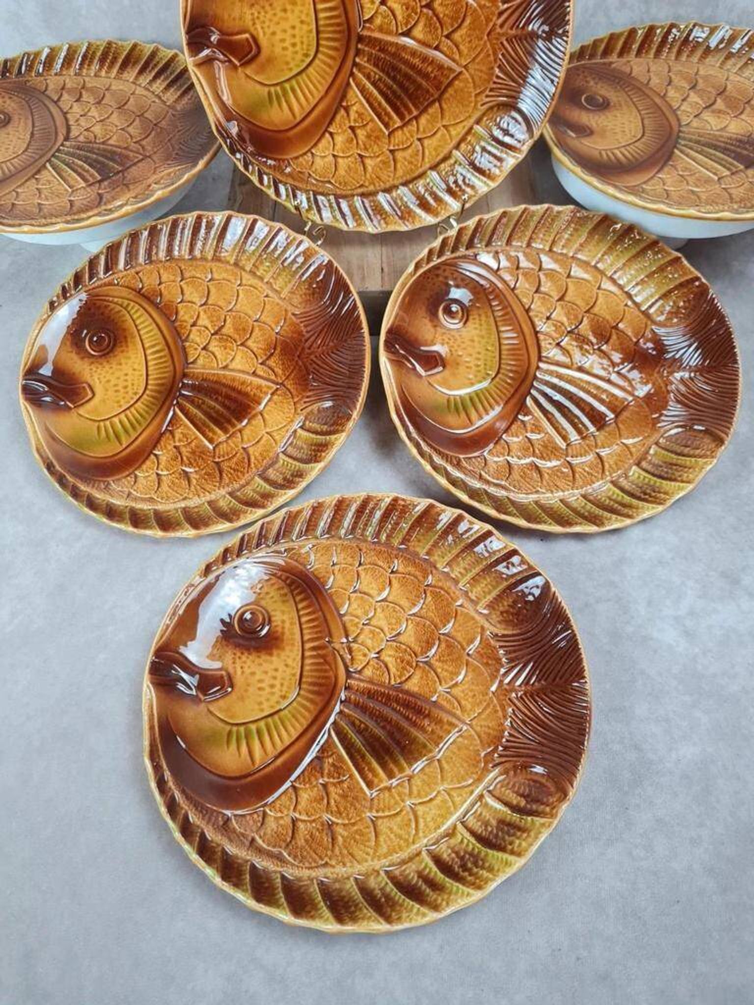 Set of 6 large fish plates Sarreguemines vintage