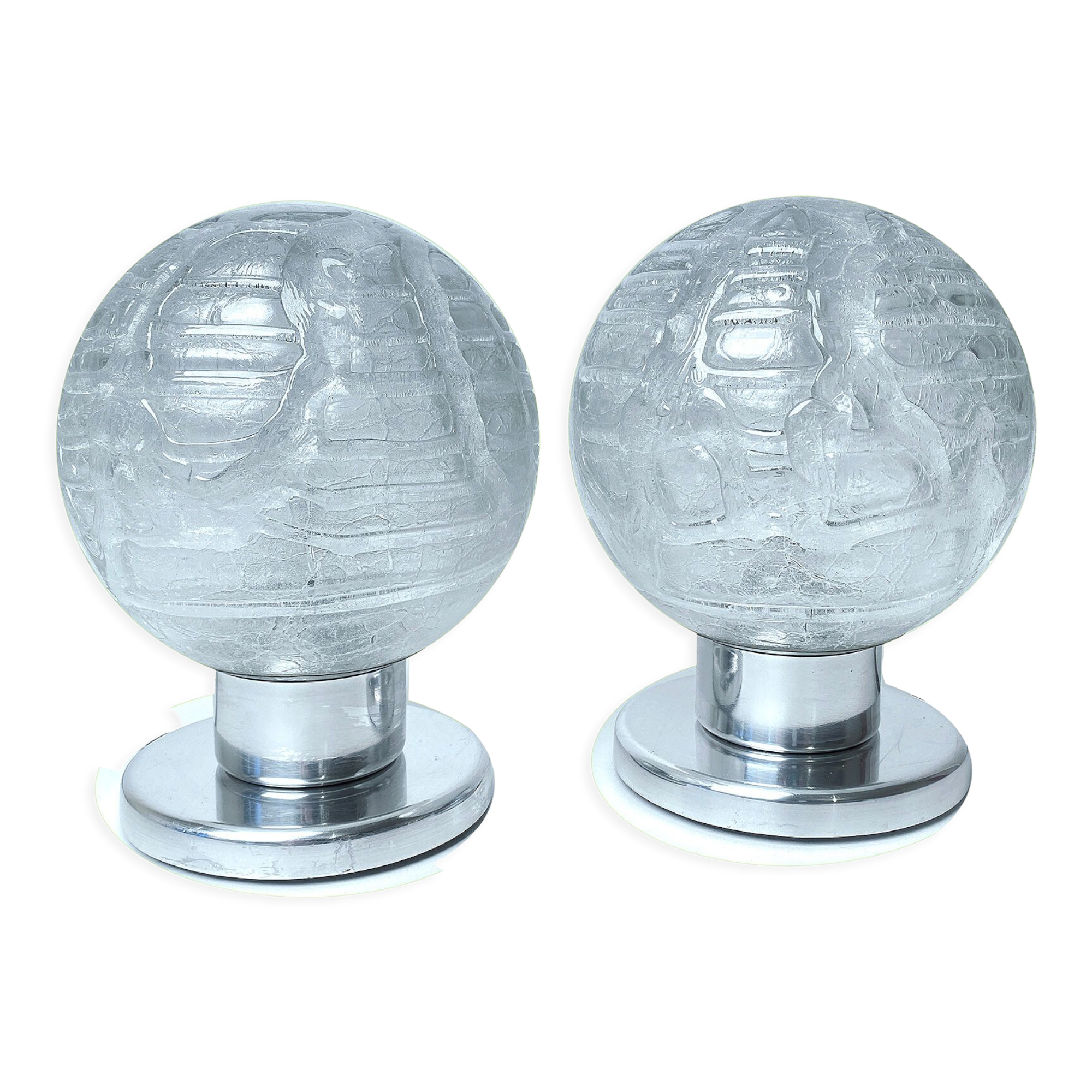 Paire de lampes de table vintage, verre structuré soufflé et chrome, annees 70