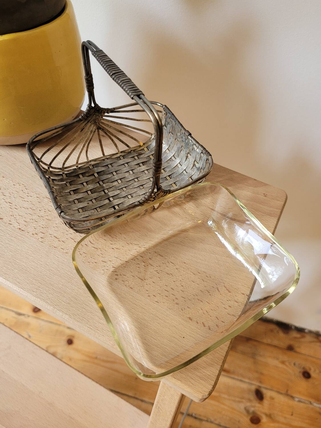 Silver metal and glass basket