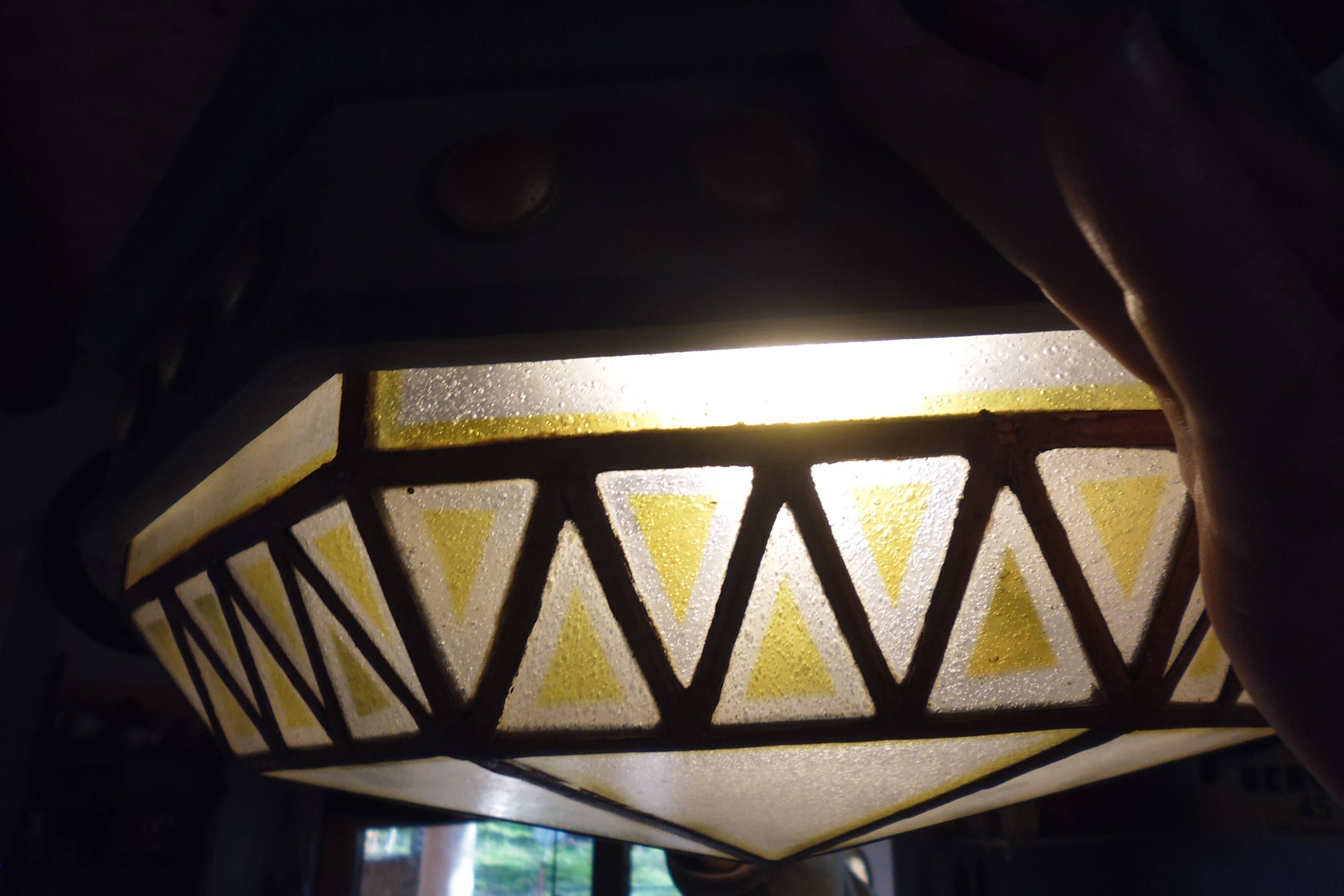 Large octagonal ceiling art deco wood and 1940s bubbled glass