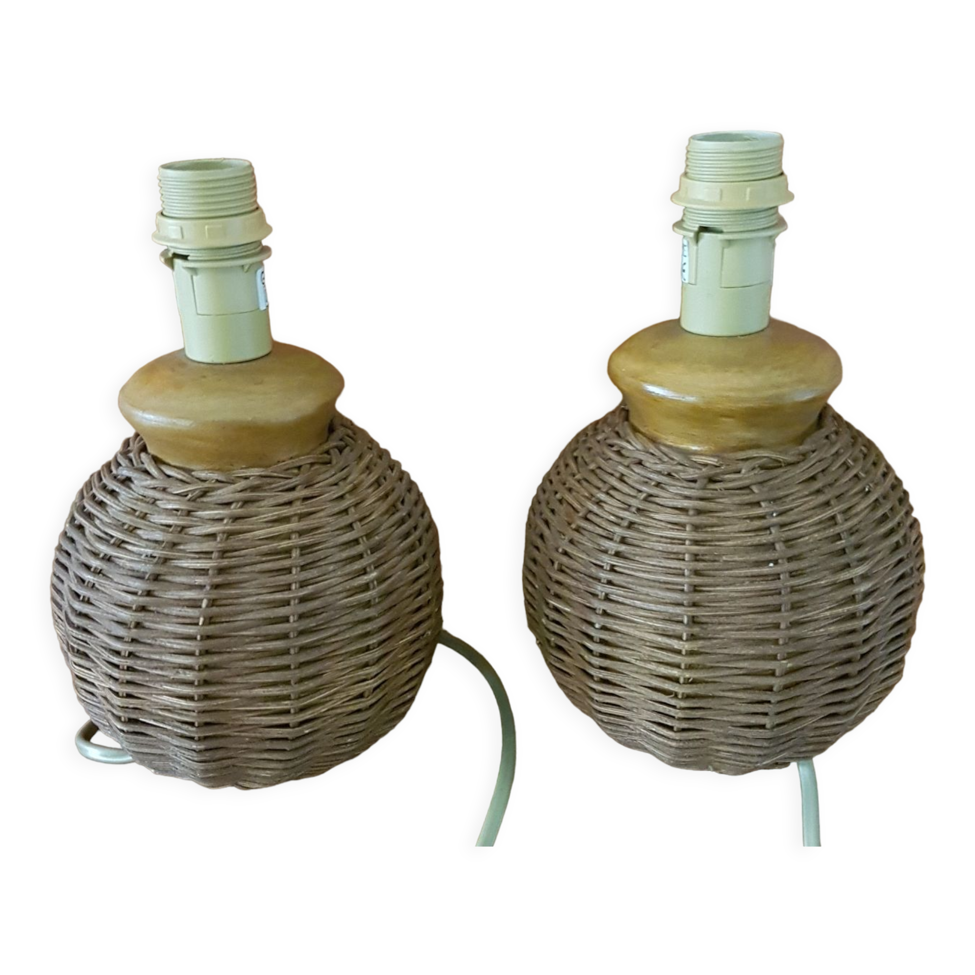 Pair of small ceramic lamps, dressed in rattan
