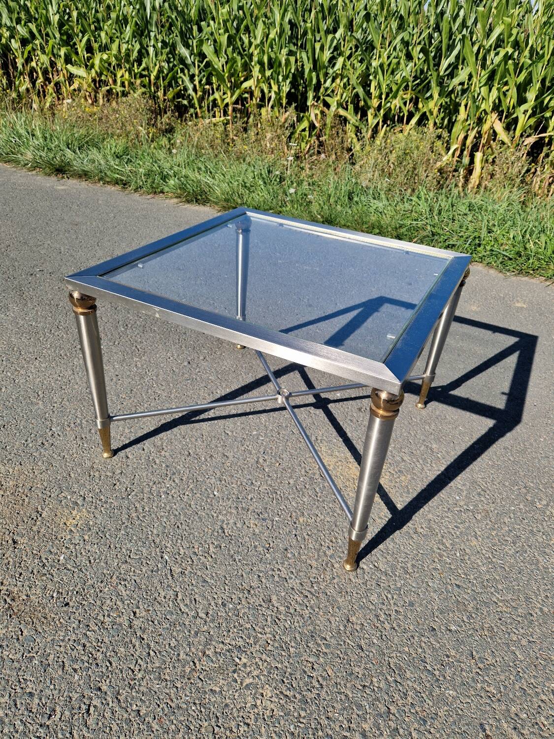 Vintage brushed steel and brass side table, 1970