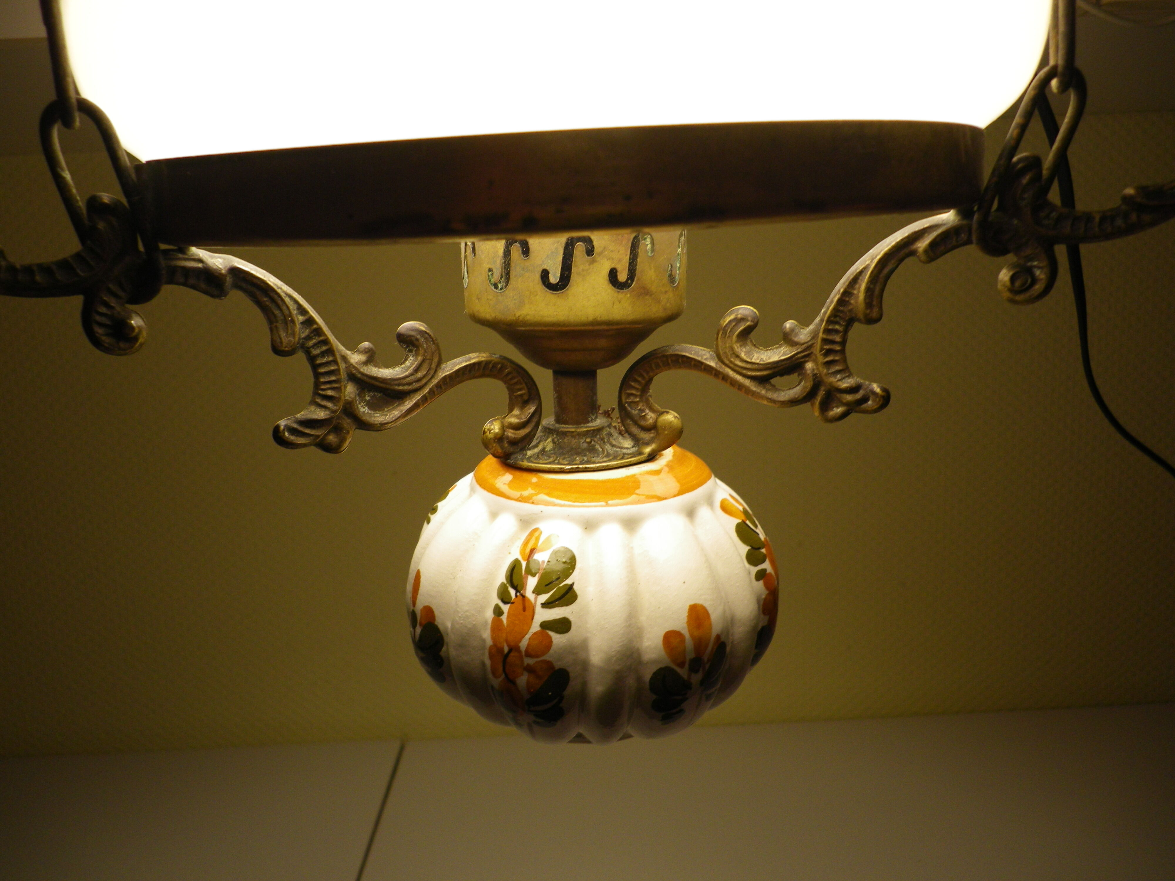 Hanging lamp of the 1950s, white opaline shade and porcelain decoration