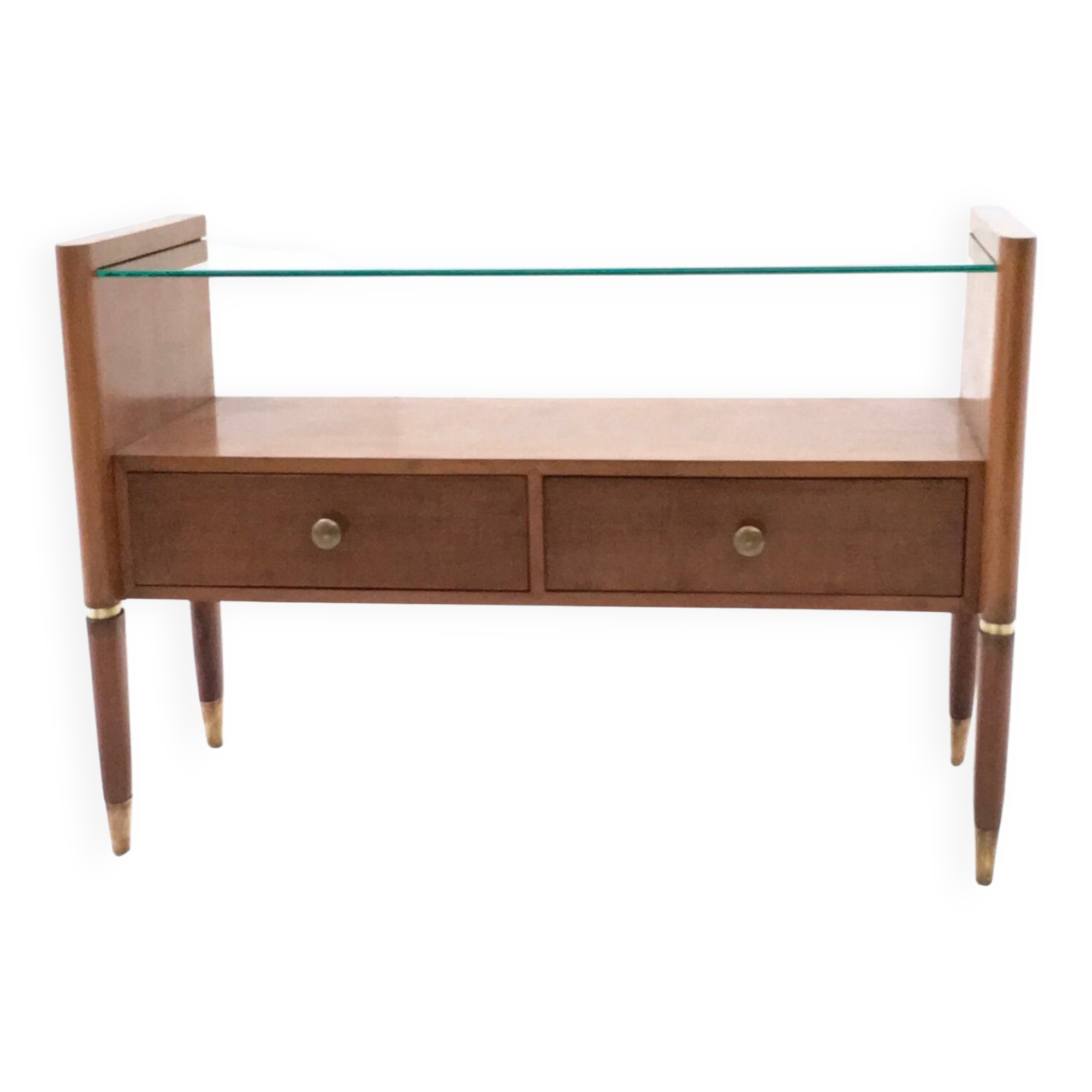 Vintage Walnut Nightstand / Divider with a Glass Top and Brass Details, Italy