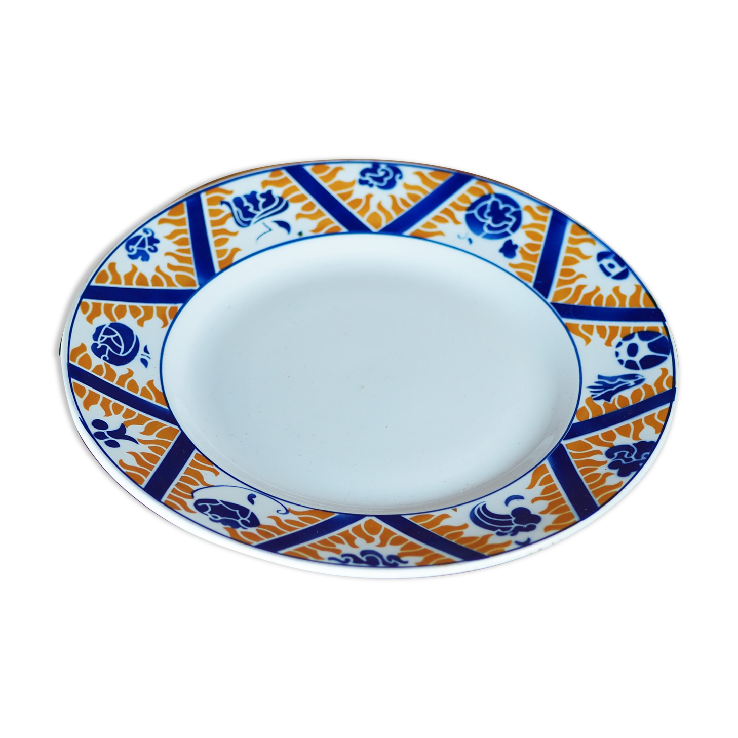 Earthenware cake dish patterned with flowers, clouds and flames, orange and blue - Orchies - 50s