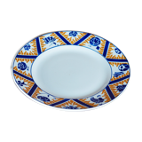 Plat à gâteau en faïence à motif de fleurs, nuages et flammes, orange et bleu - Orchies - 50s