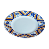 Plat à gâteau en faïence à motif de fleurs, nuages et flammes, orange et bleu - Orchies - 50s