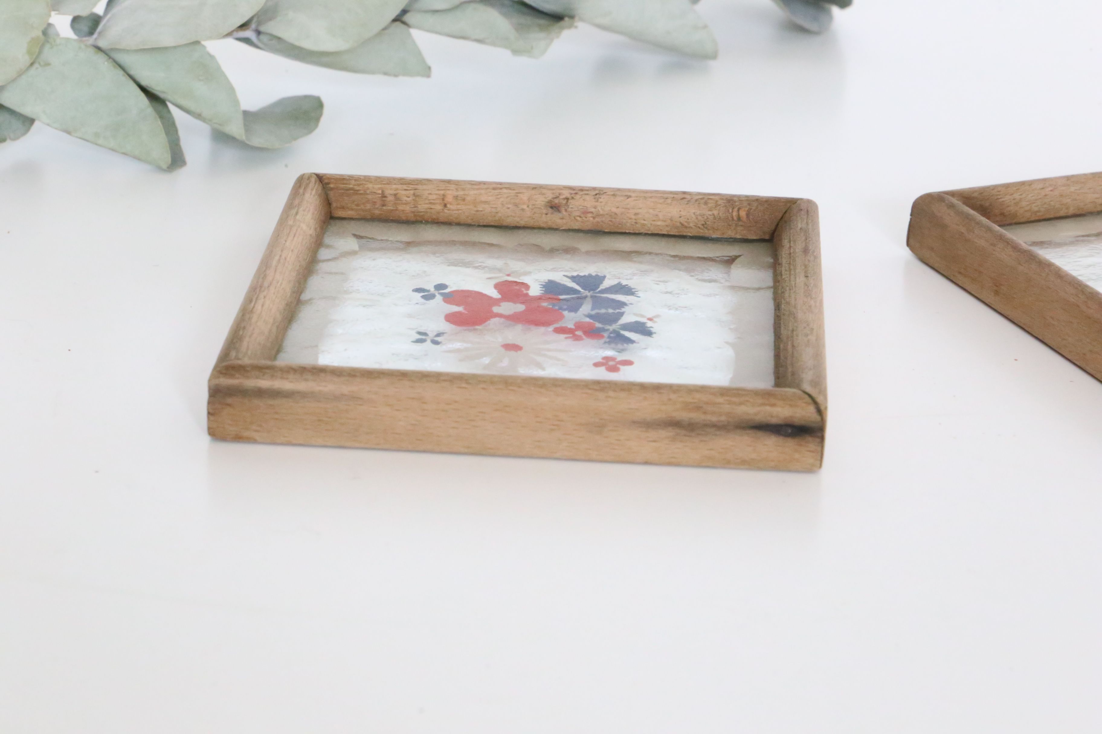 Duo of wooden and glass bottle bottoms, hand-painted, country style, vintage