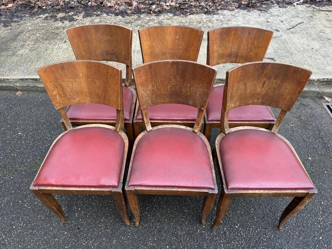 6 Art Deco gondola chairs in solid oak with burgundy leatherette, 1940.