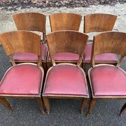 6 Art Deco gondola chairs in solid oak with burgundy leatherette, 1940.