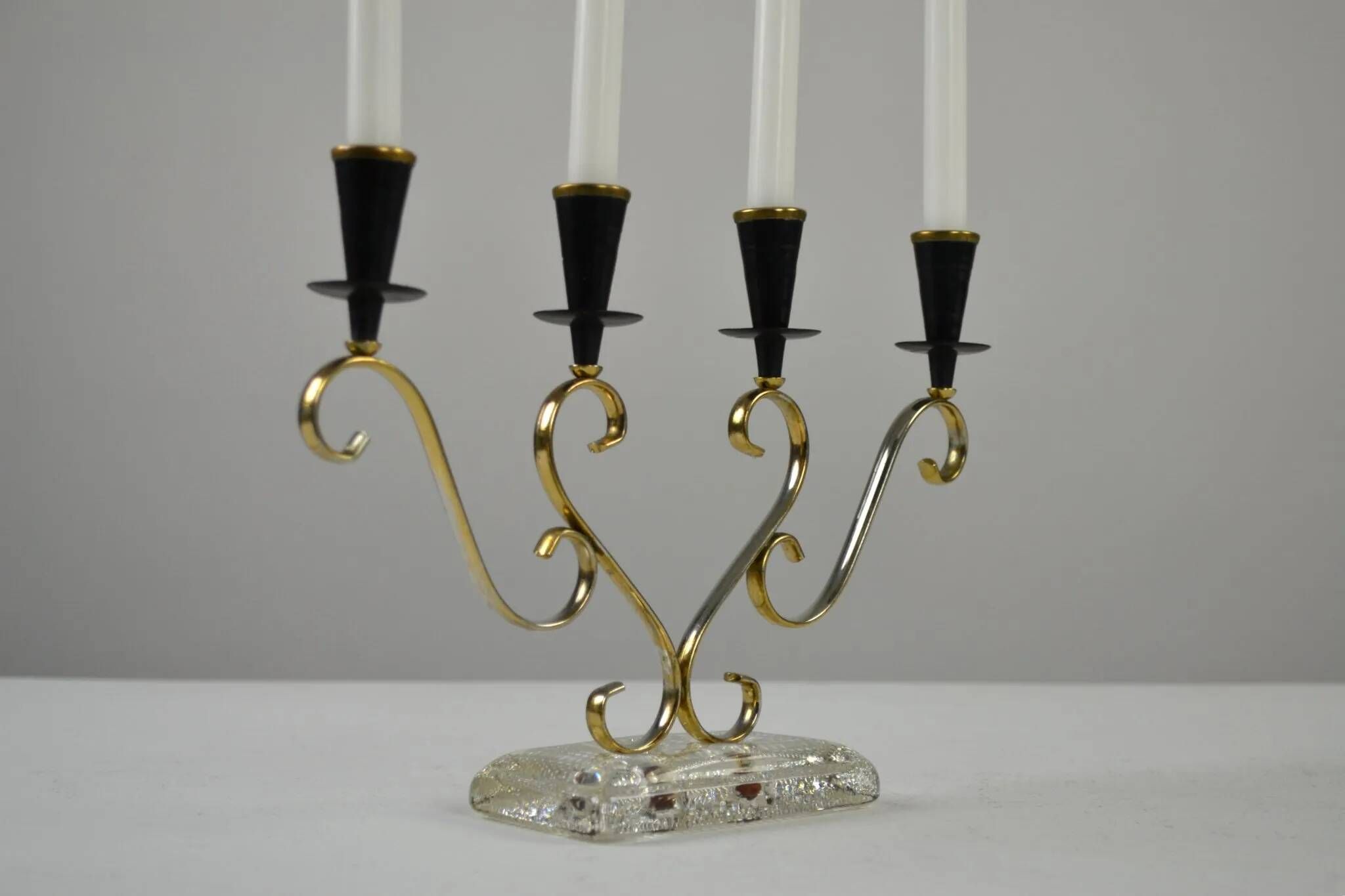 Brass Candelabra with Art Glass Base by Gunnar Ander for Ystad-Metall, Sweden, 1950s