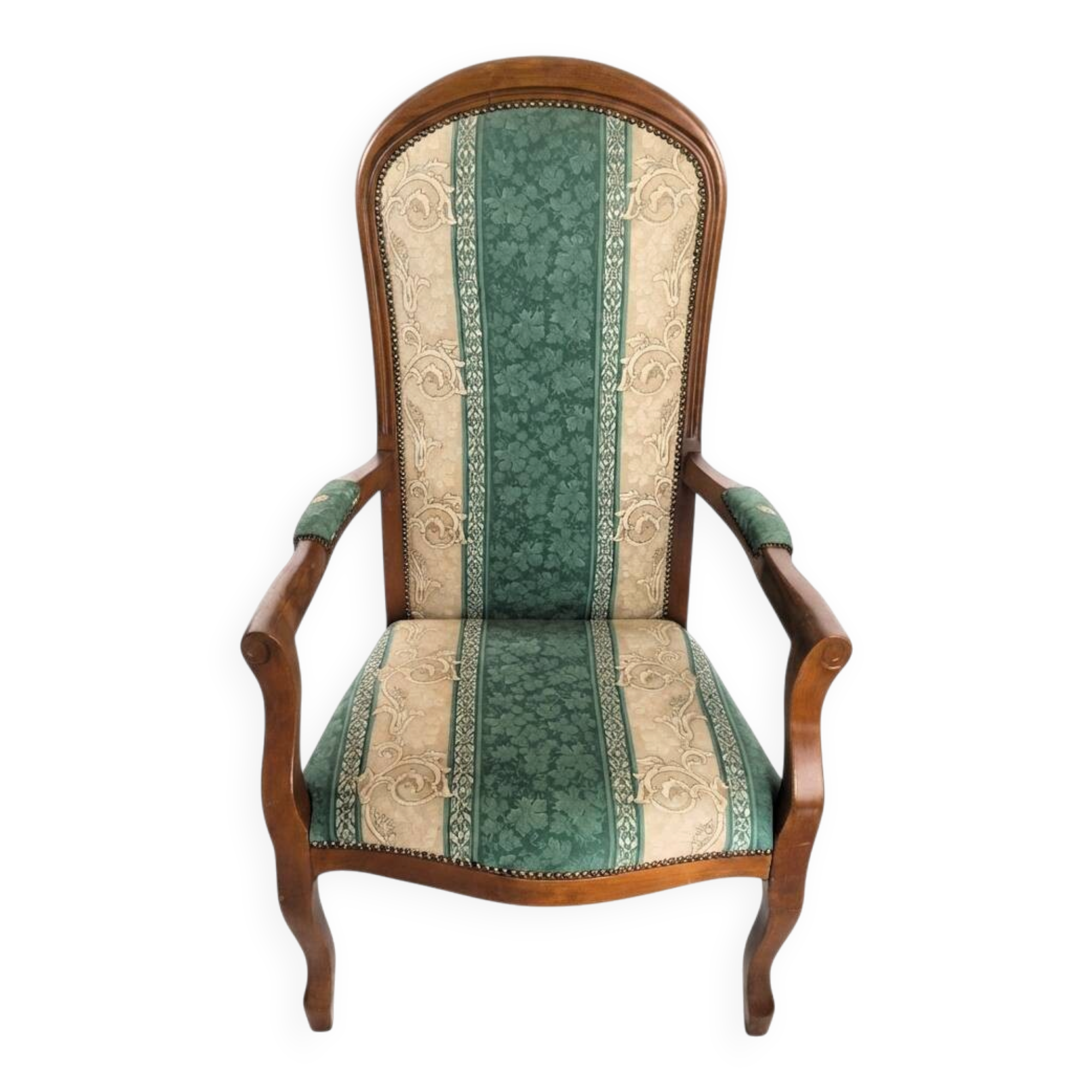Vintage Voltaire Armchair Green and Beige with Floral Patterns