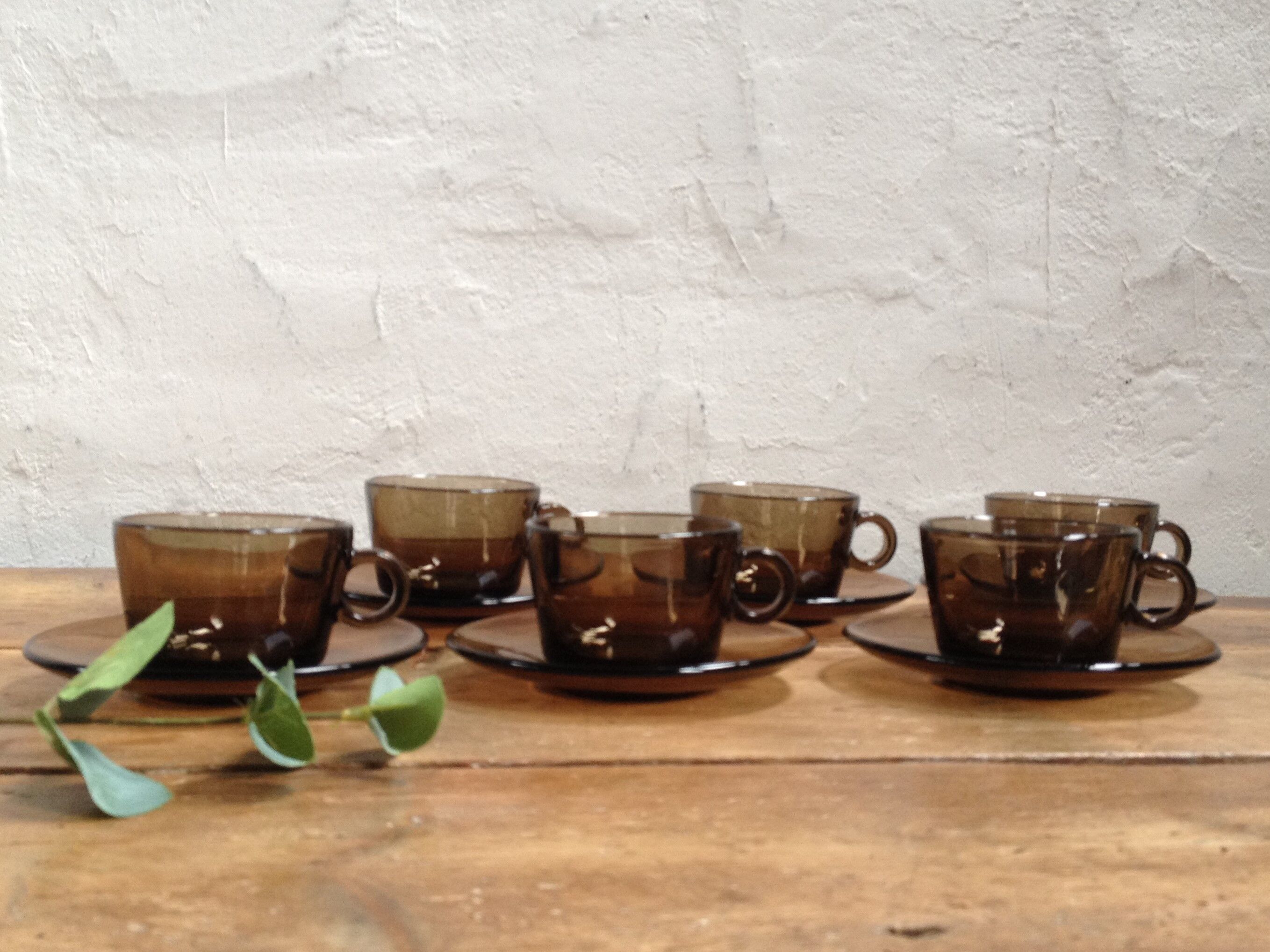 Six smoked glass coffee cups