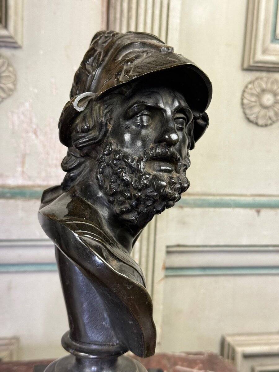 Bust of Ajax, bronze with black patina on a black Belgian marble base, 19th century.