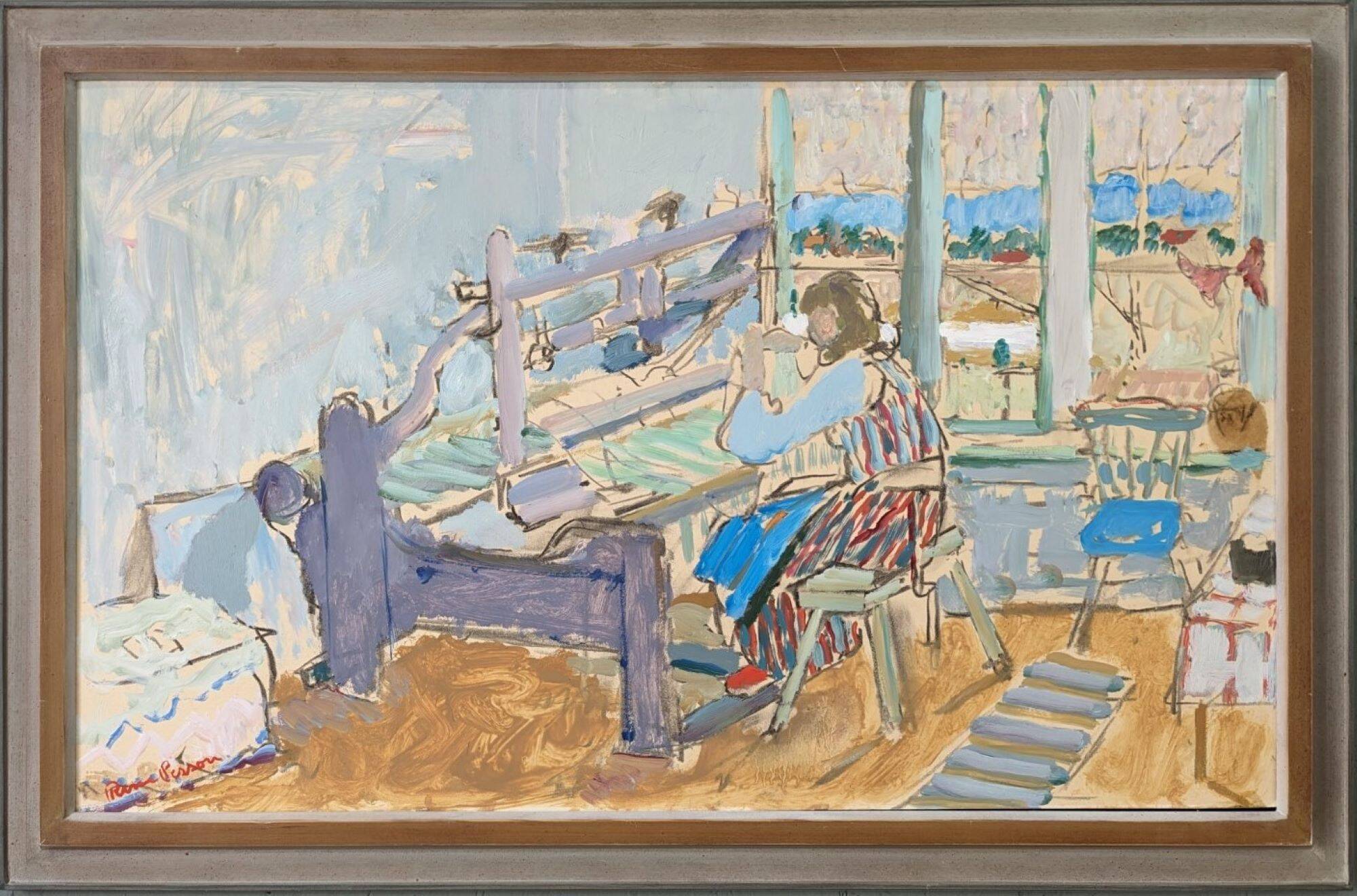 Mid-Century Modern "The Loom" Vintage Swedish Oil Painting, Figure in an Interior
