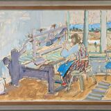 Peinture à l’huile suédoise vintage « The Loom » du milieu du siècle, figure dans un intérieur