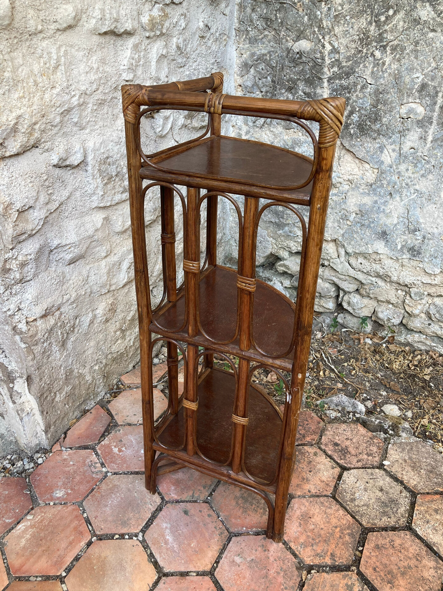 Vintage rattan corner shelf