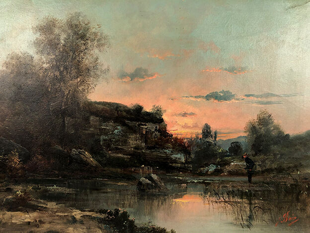 Oil on canvas, "Riverside at sunrise" signed J.Bain
