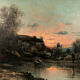 Oil on canvas, "Riverside at sunrise" signed J.Bain