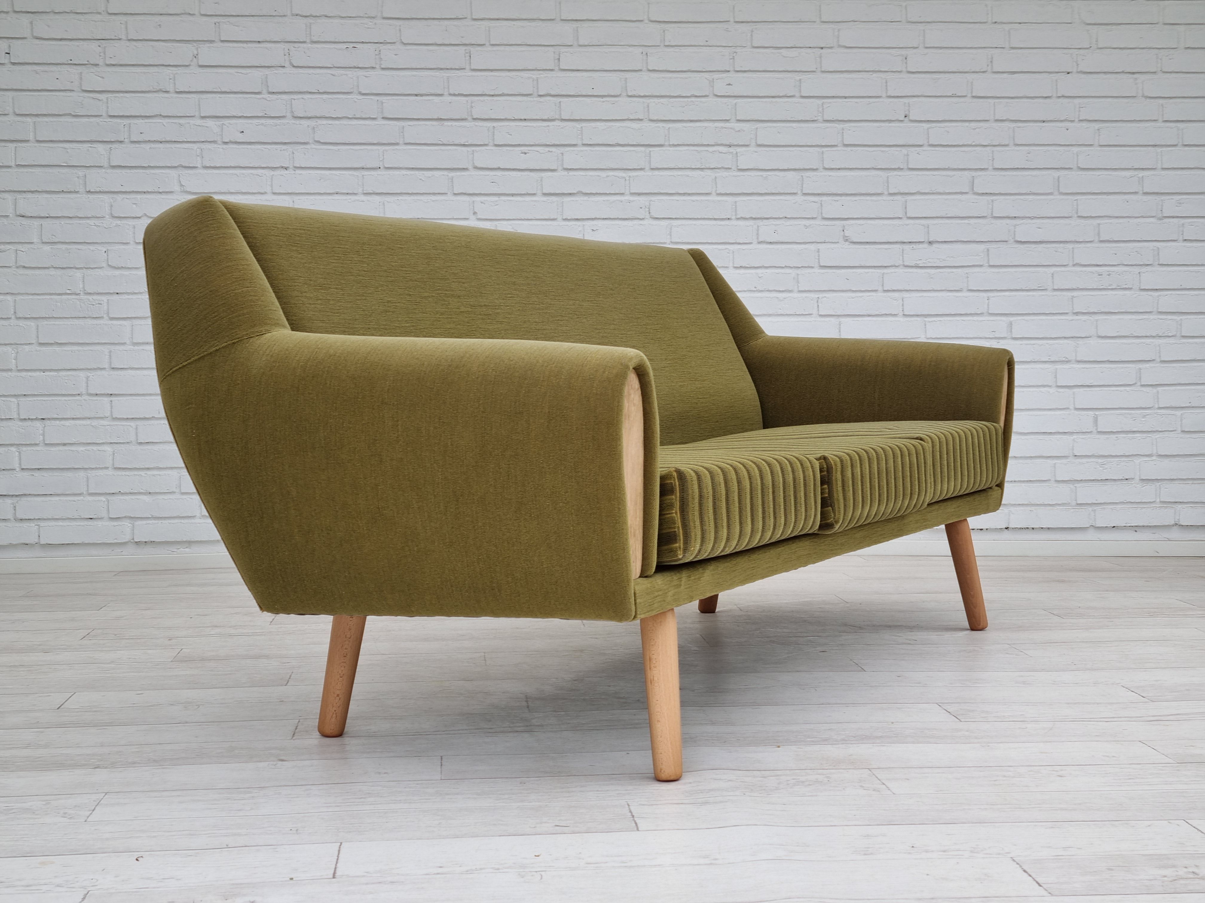 1970s, Danish 3-seater sofa, original very good condition, green furniture fabric, oak